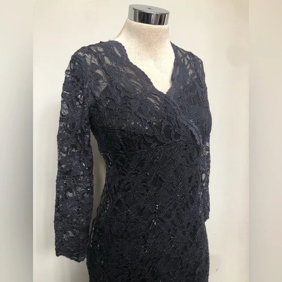 MARINA | Dresses | Marina Womens Sz Illusion Sleeve Lace Cocktail Gunmetal  Sheath Vneck Dress | Poshmark